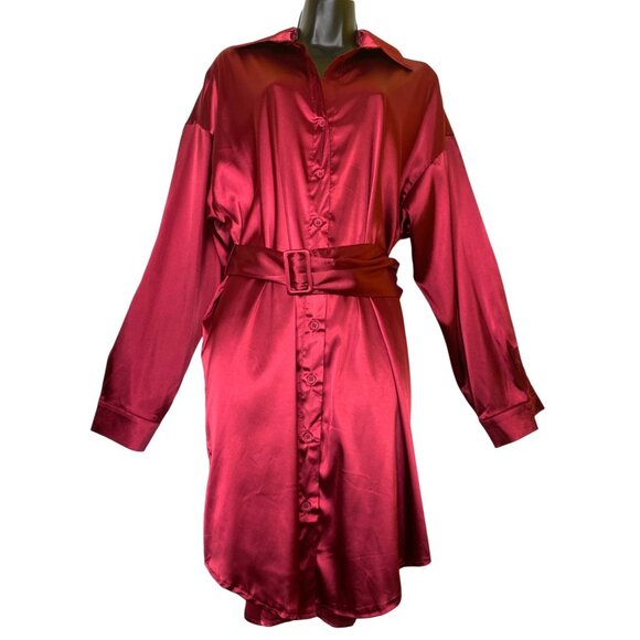 Fashion Nova Burgundy XL‎ Satin Belted Button-Up Shirt Dress Sexy Classic Goth - Picture 1 of 7